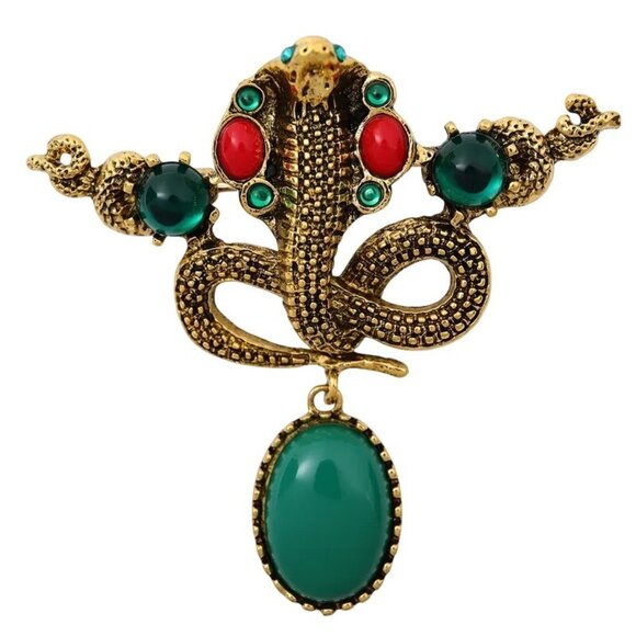 Womens Brooch Pin Cobra Snake Red Green Cabochon Gold Tone Vintage Style - Picture 4 of 4